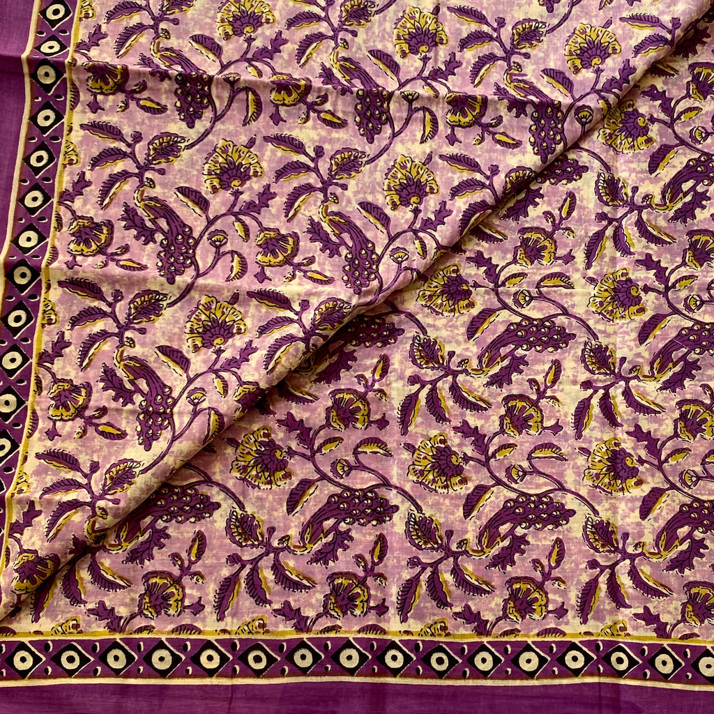 Purple Mustard Printed Cotton Saree Floral Pallu Geometric Border