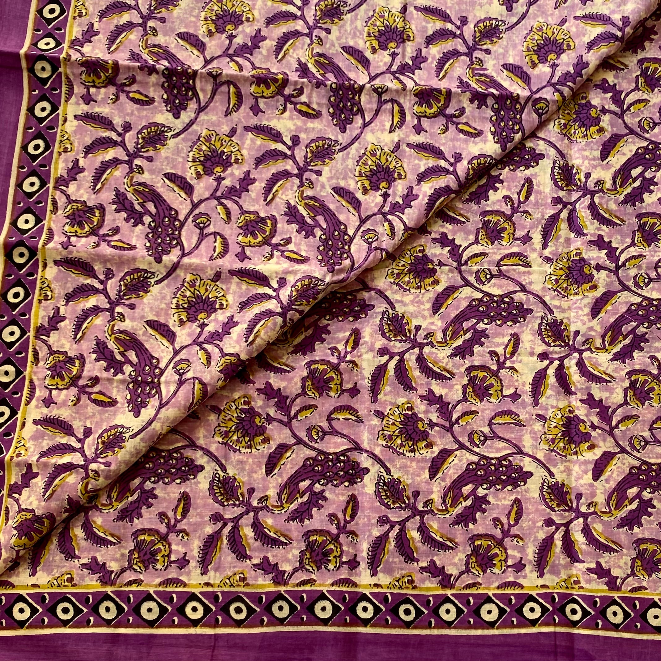 Purple Mustard Printed Cotton Saree Floral Pallu Geometric Border