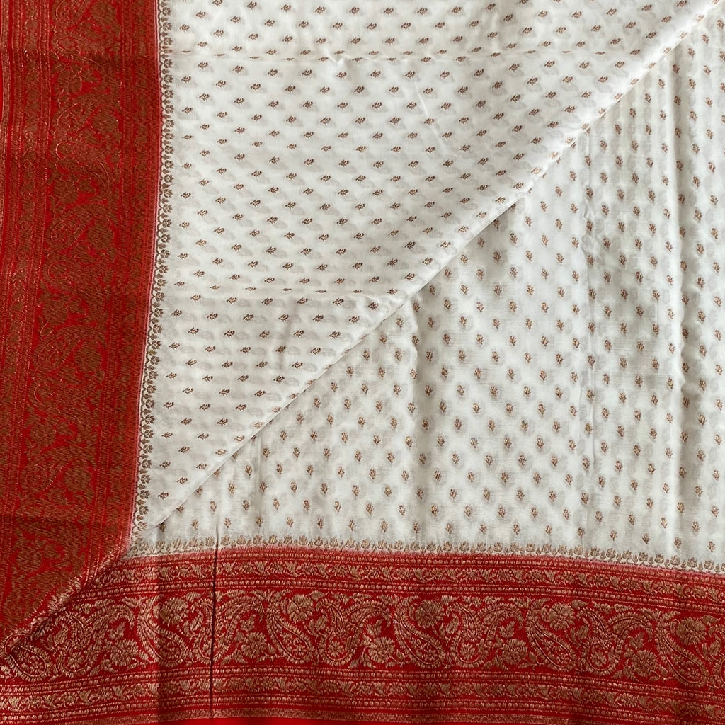 Banarasi Crepe Silk Ivory White & Scarlet Red Saree With Zari Buttas
