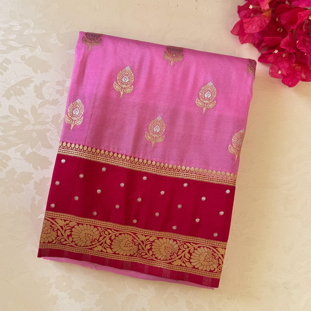 Pink Saree With Magenta Pallu Gold Zari Floral Border For Festive Wear
