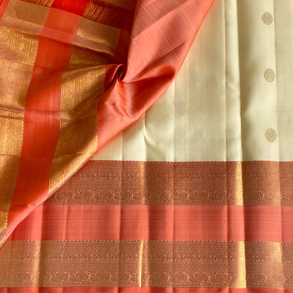 Masterweave Kanjeevaram in Pearl White & Dreamy Coral Pallu