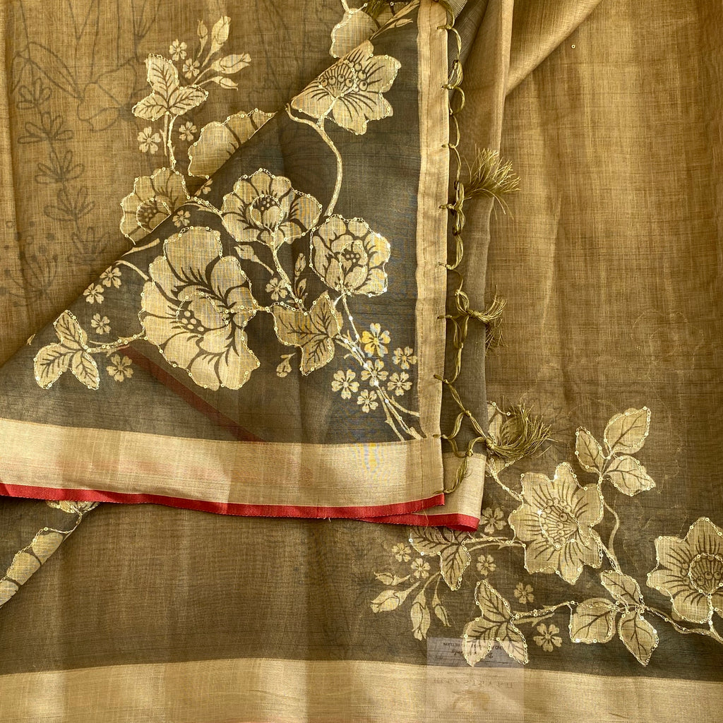 Olive Brown Soft Linen Saree With Floral Gray Pallu