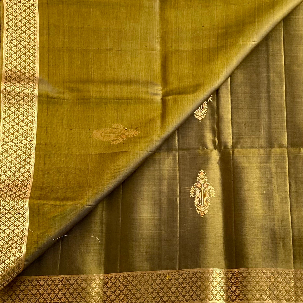 Olive Green Designer Pure Silk Saree With Antique Gold Pallu