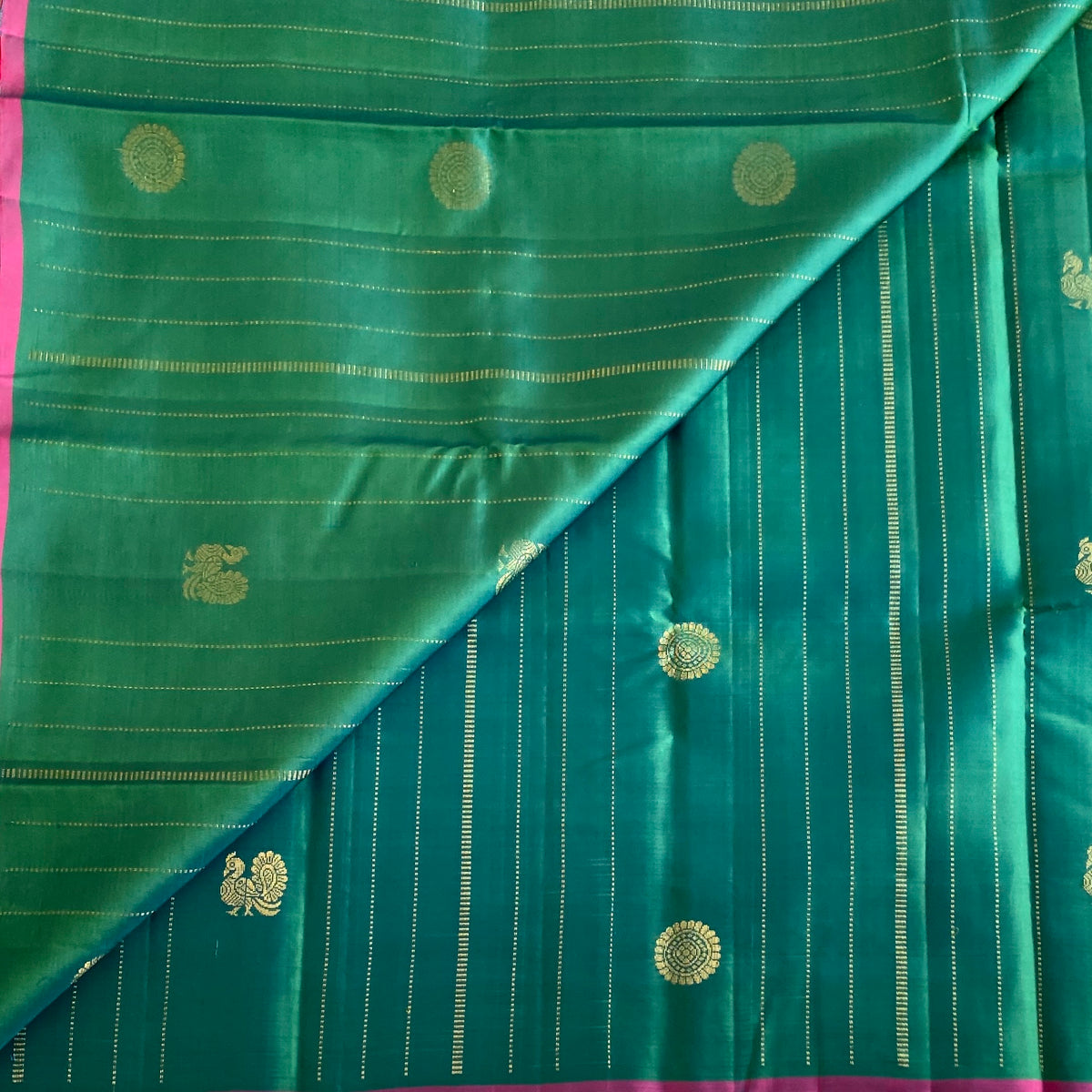 Peacock Green Designer Pure Silk Saree With Rani Pink Pallu