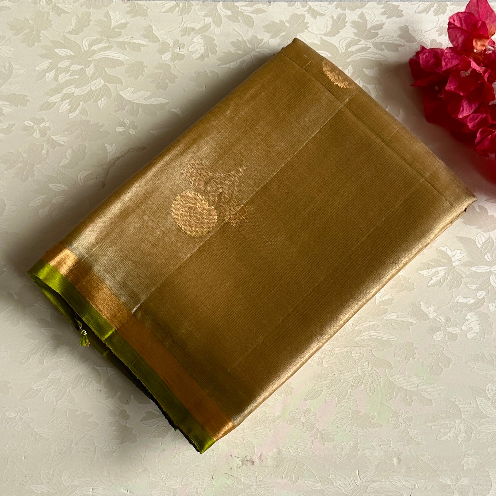 Antique Gold Designer Pure Silk Saree With Emerald Green Pallu