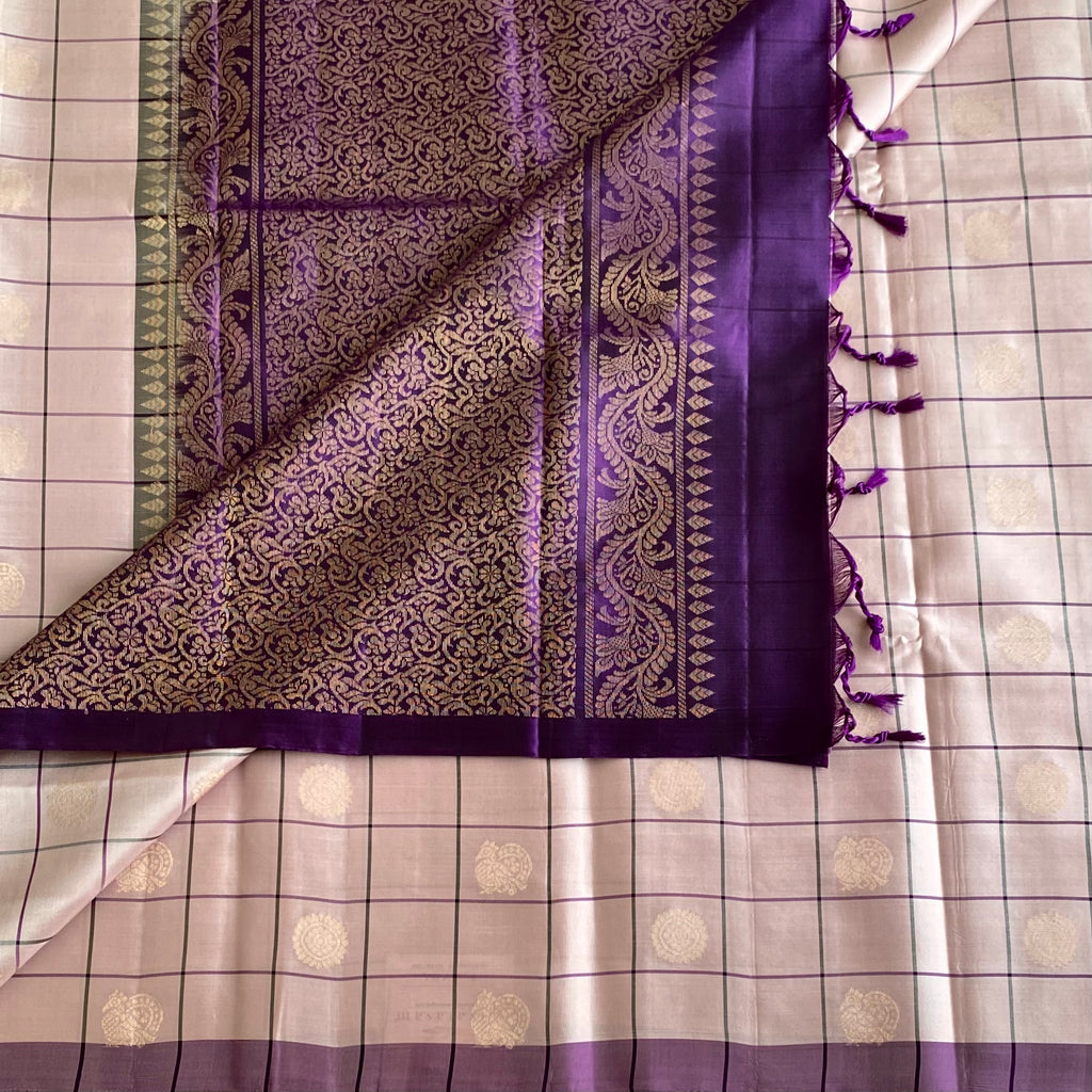 Blush Beige And Royal Purple Designer Pure Silk Saree With Zari