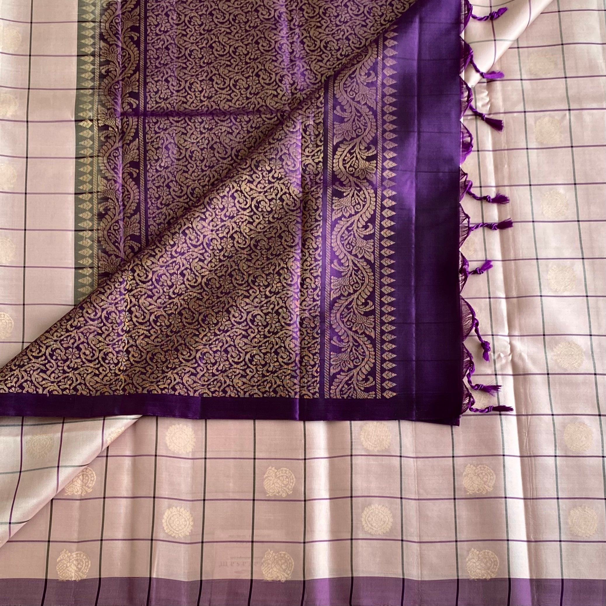 Blush Beige And Royal Purple Designer Pure Silk Saree With Zari
