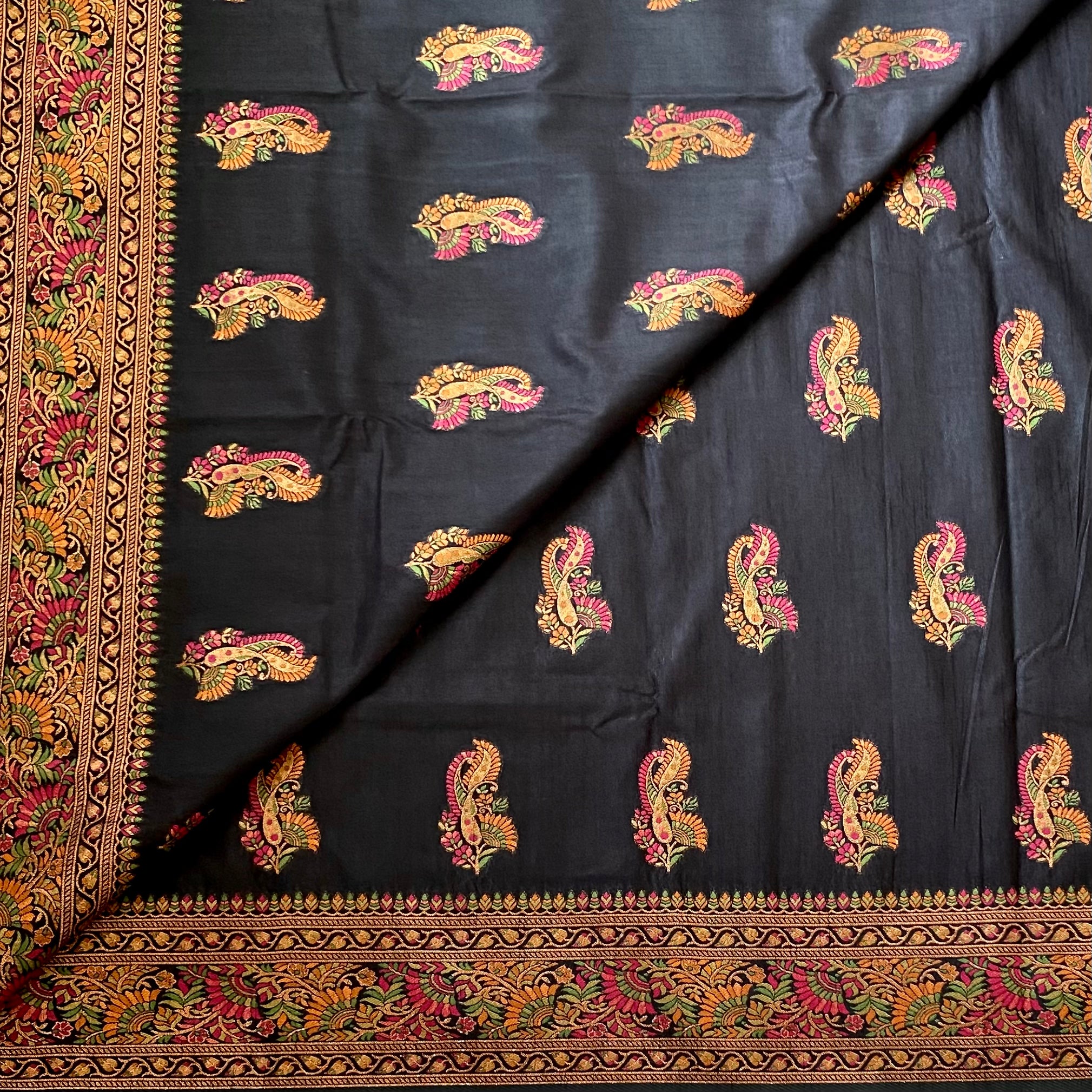 Black with Meenakari woven(not printed) soft tussar with rich pallu