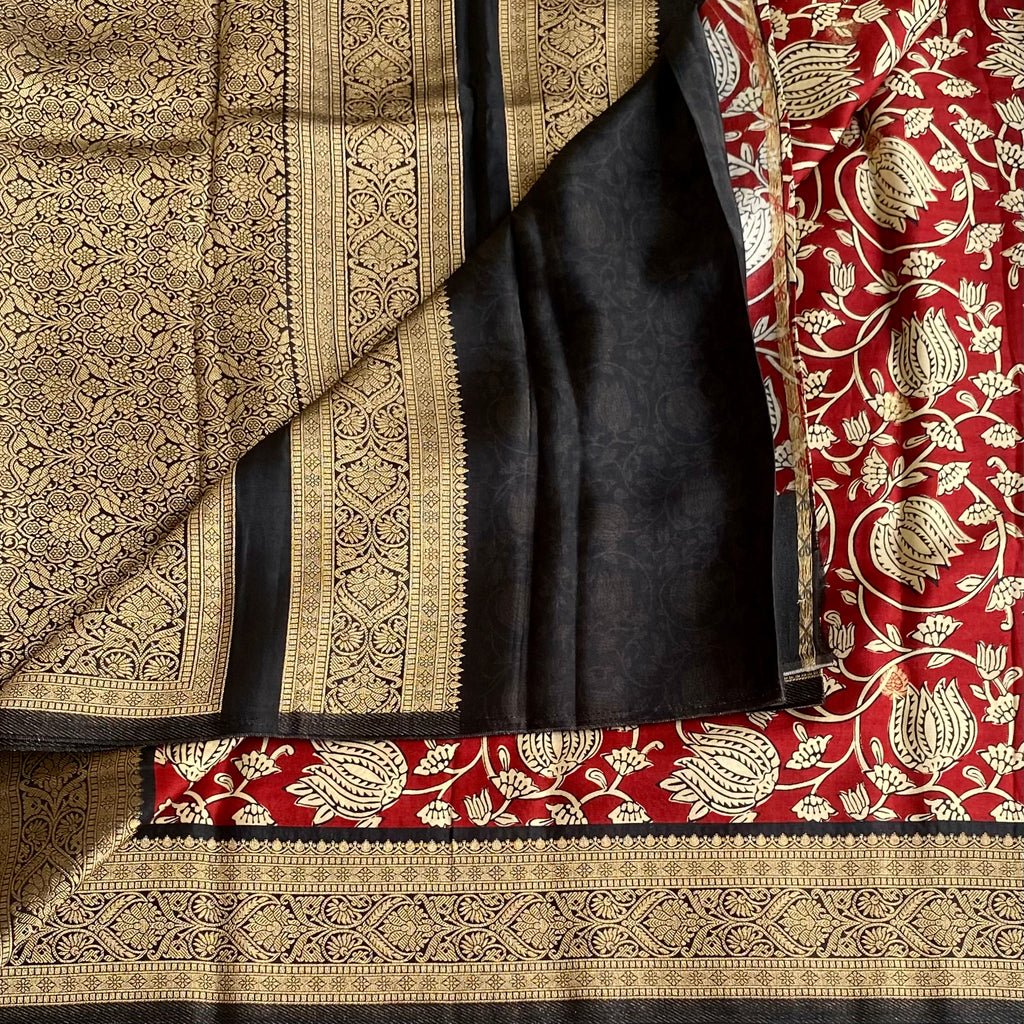 Crimson Red Soft Kalamkari Premium Tussar Silk With Midnight Black Pallu