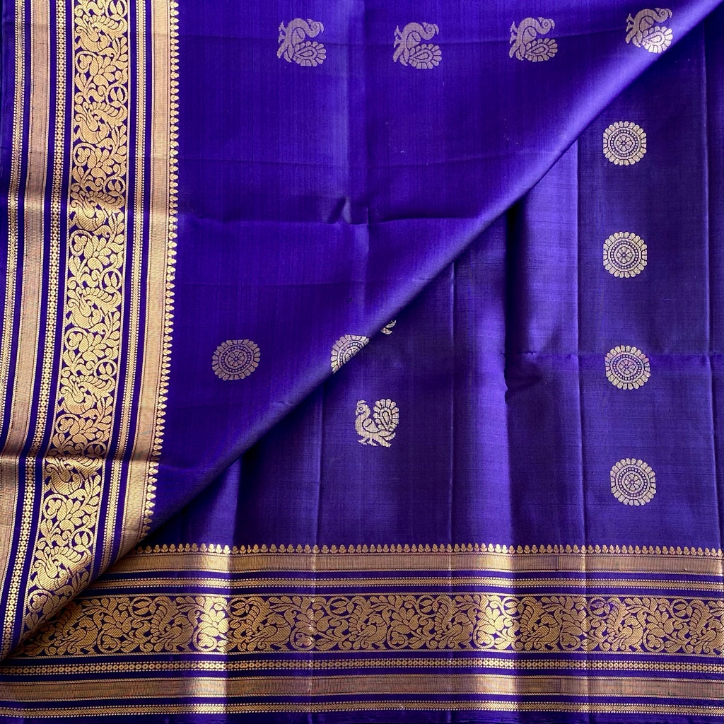 Deep Indigo Bluish Purple Designer Pure Silk Saree With Antique Gold Pallu