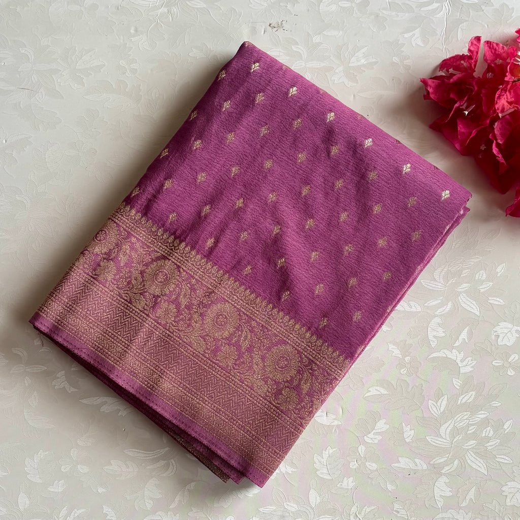 Dreamy Onion Pink Soft Satin Crepe Silk Saree With Zari Gold Pallu And Buttas