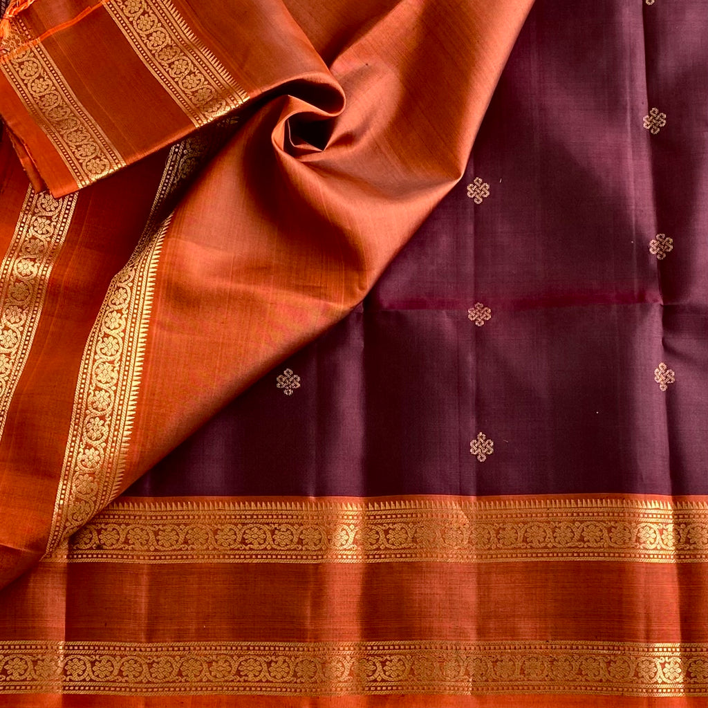 Espresso Brown Designer Pure Silk Kollam With Burnt Orange Retta Petta Borders