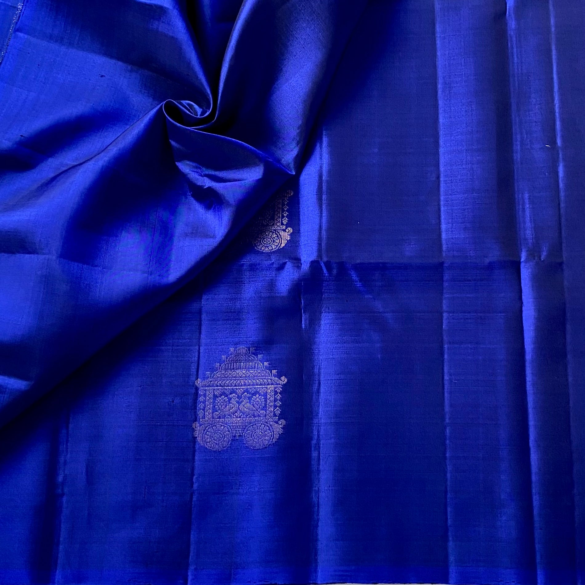Royal Blue Silk Saree Gold Zari Chariot Floral Brocade Pallu