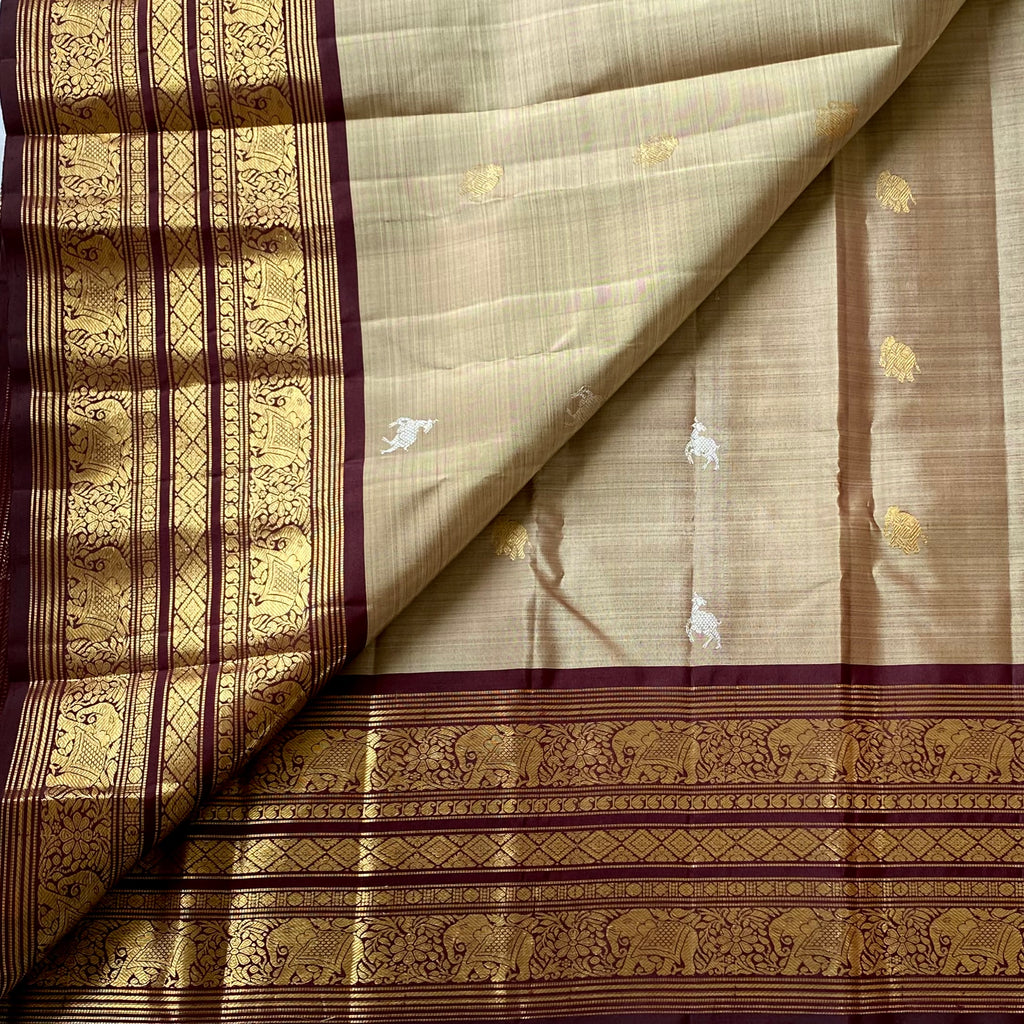 Classic Greyish Beige with Deep Wine Brown Kanjeevaram Masterpiece