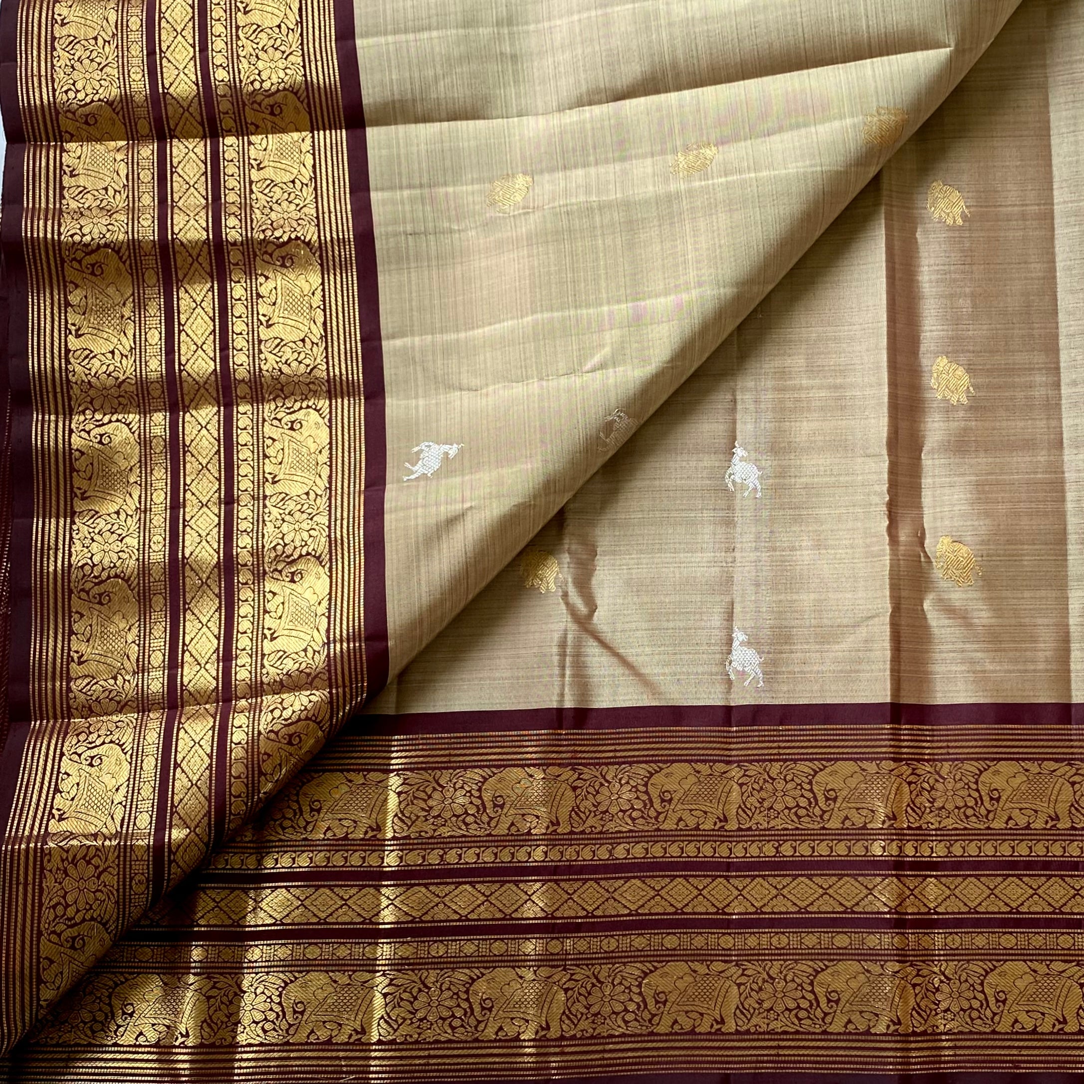 Classic Greyish Beige with Deep Wine Brown Kanjeevaram Masterpiece