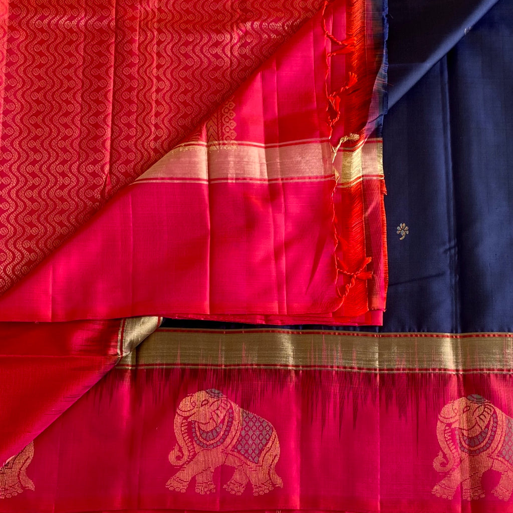 Midnight Navy Blue Designer Pure Silk With Pink Borders & Rich Pallu