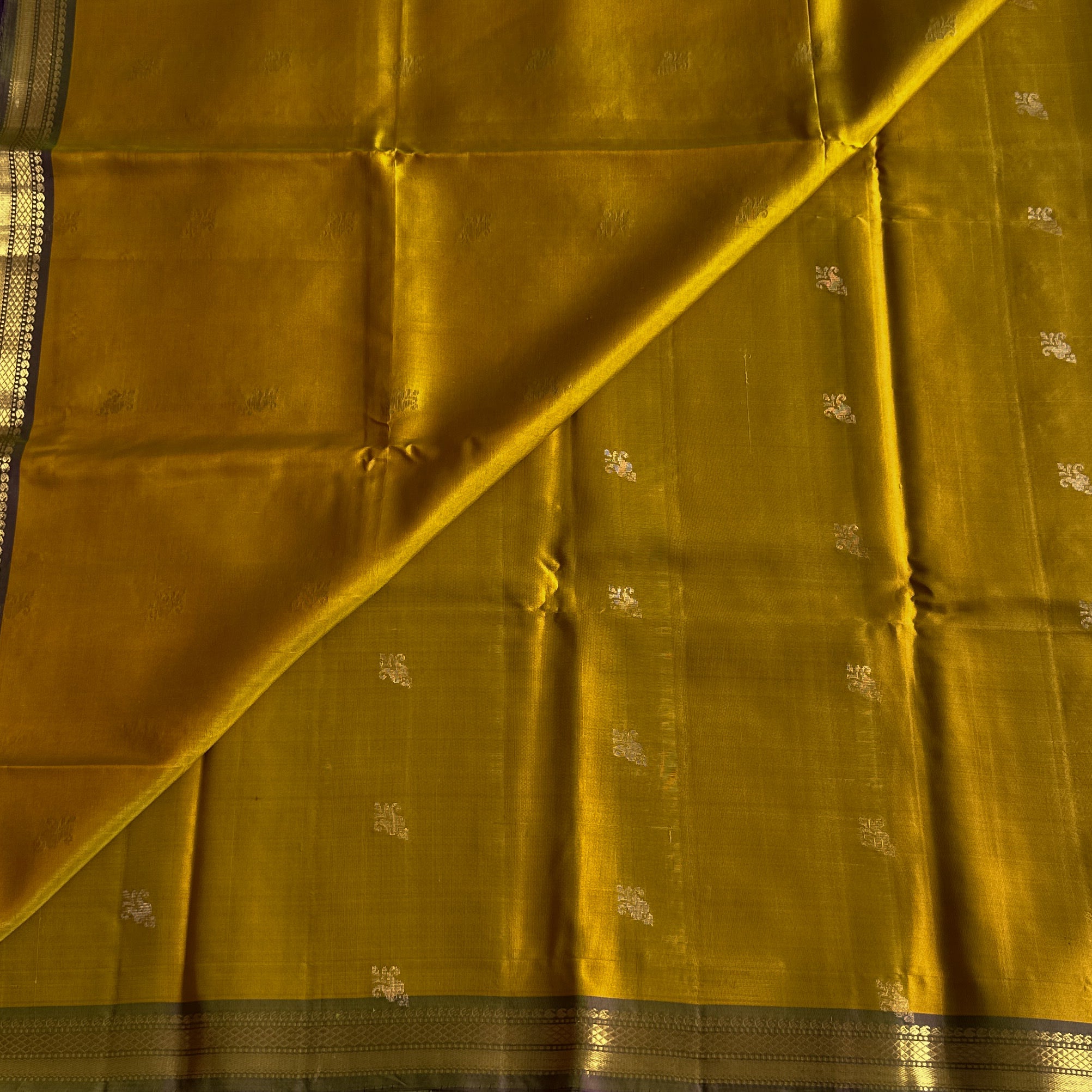 Marigold Yellow Silk Saree with Royal Purple Zari Pallu Elegance