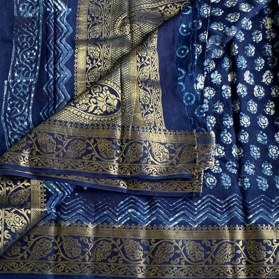 AJRAKH HANDBLOCK PRINTED SILK Tussar Deep Navy Blue Metallic Gold Saree
