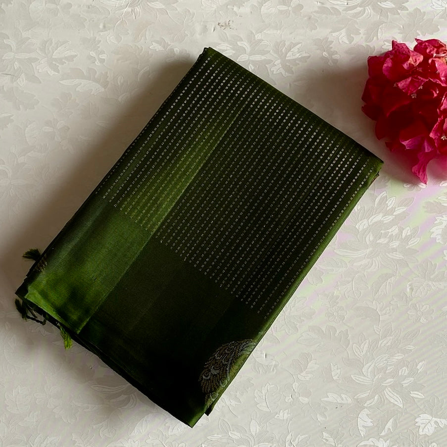 Classy Olive Designer Pure Silk Saree With Zari Stripes All Over