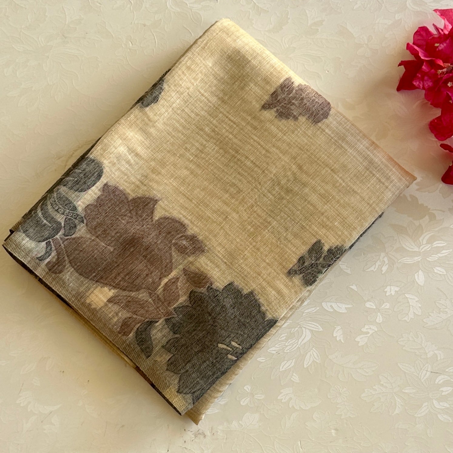 Muted Floral Linen Saree With Tassel Border Elegant Neutral Drapes