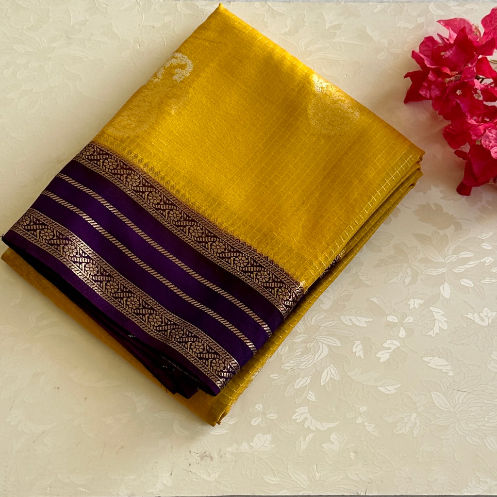 Golden Yellow Silk Saree Royal Purple Pallu Gold Zari Brocade