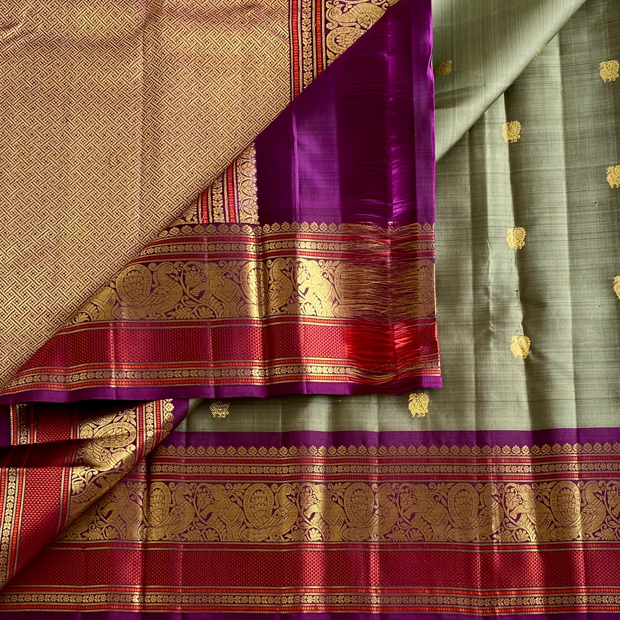 Sage Green Kanjeevaram Pure Zari Silk Saree With Royal Purple Pallu
