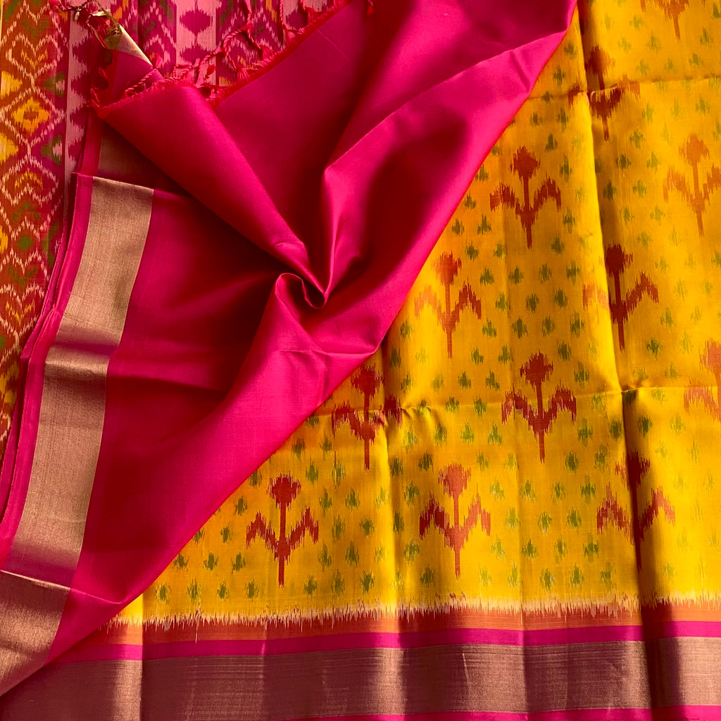 Mustard Yellow Designer Ikkat Pure Silk Saree With Rani Pink Pallu