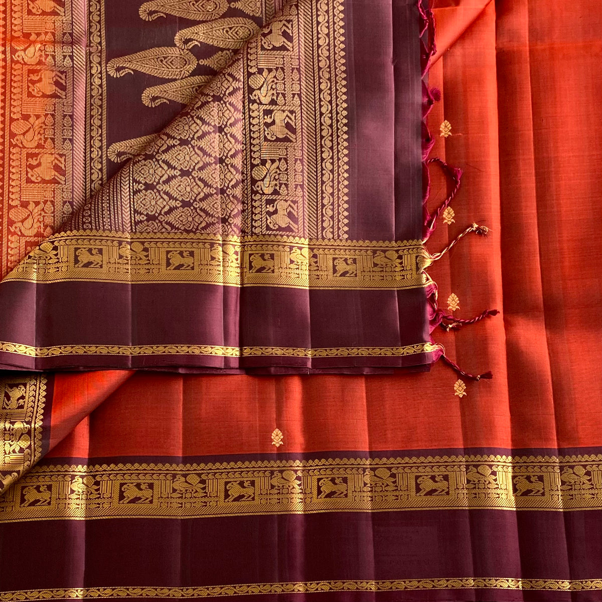 Burnt Orange Designer Pure Silk Saree With Deep Purple Paisley Pallu