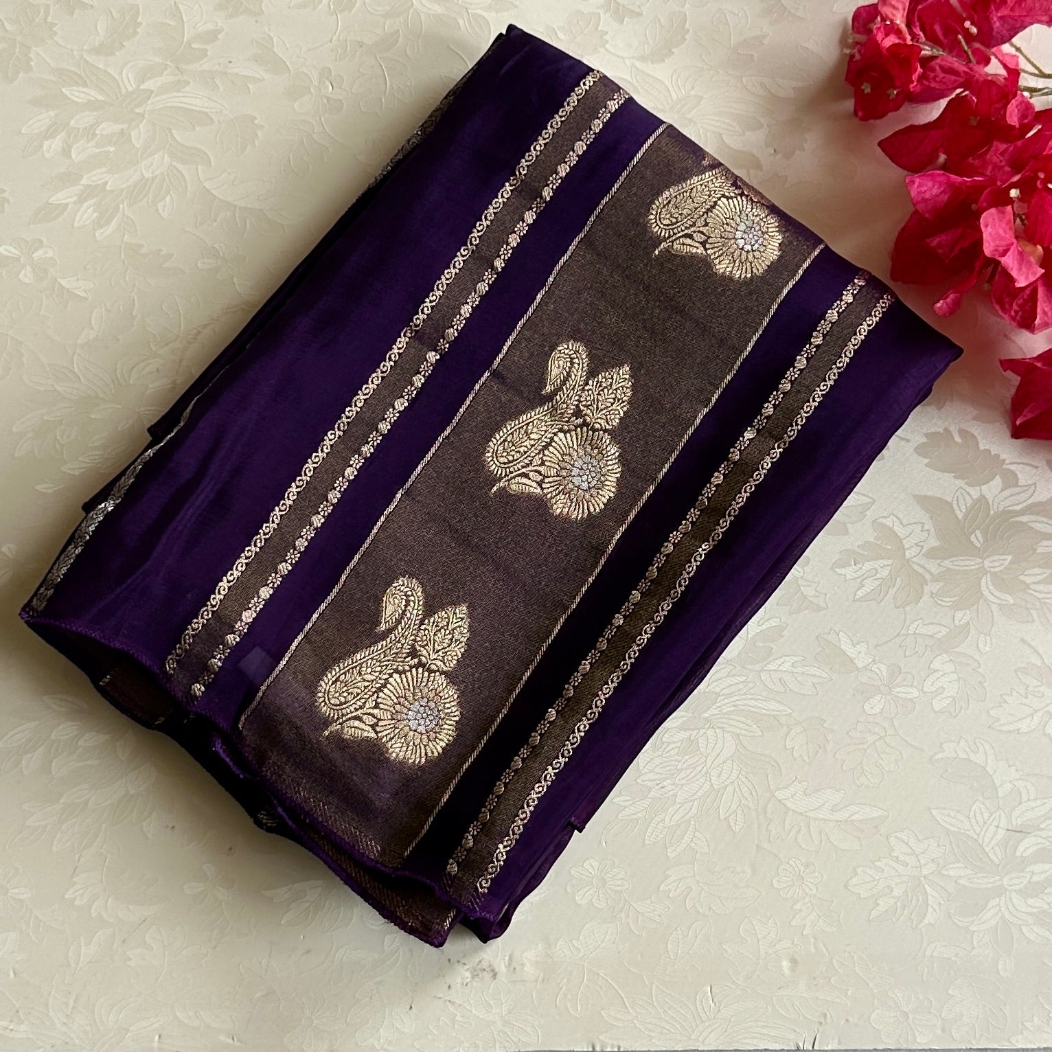 Royal Purple soft satin crepe Saree with Gold Zari Paisley Border