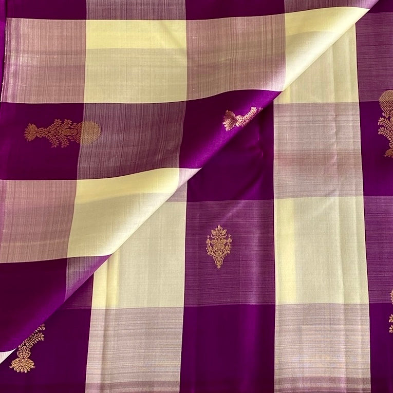 Deep Purple Kanjeevaram Pure Zari Silk Saree With Ivory Checks