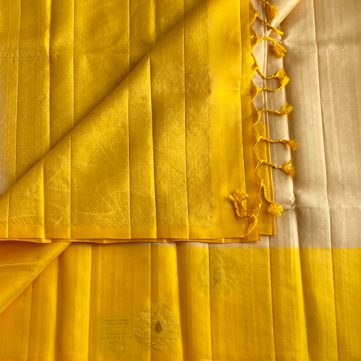 Champagne Beige Designer Pure Silk With Golden Yellow Contrast