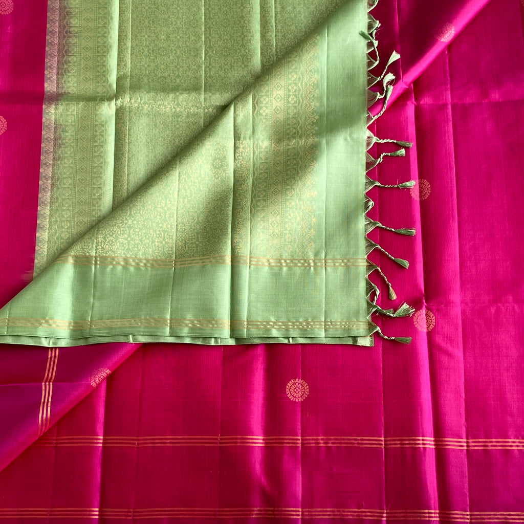 Rani Pink Designer Pure Silk Saree With Pistachio Green Pallu