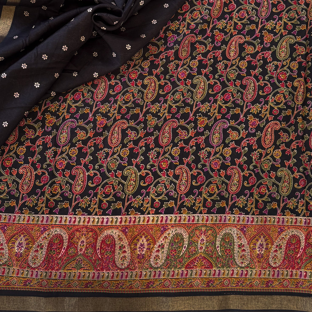 Black Paisley Zari Saree Multicolor Floral Motif Festive Traditional Ethnic
