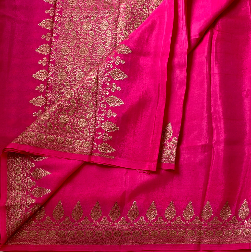 Fuchsia Silk Saree Gold Brocade Floral Pallu Paisley Border