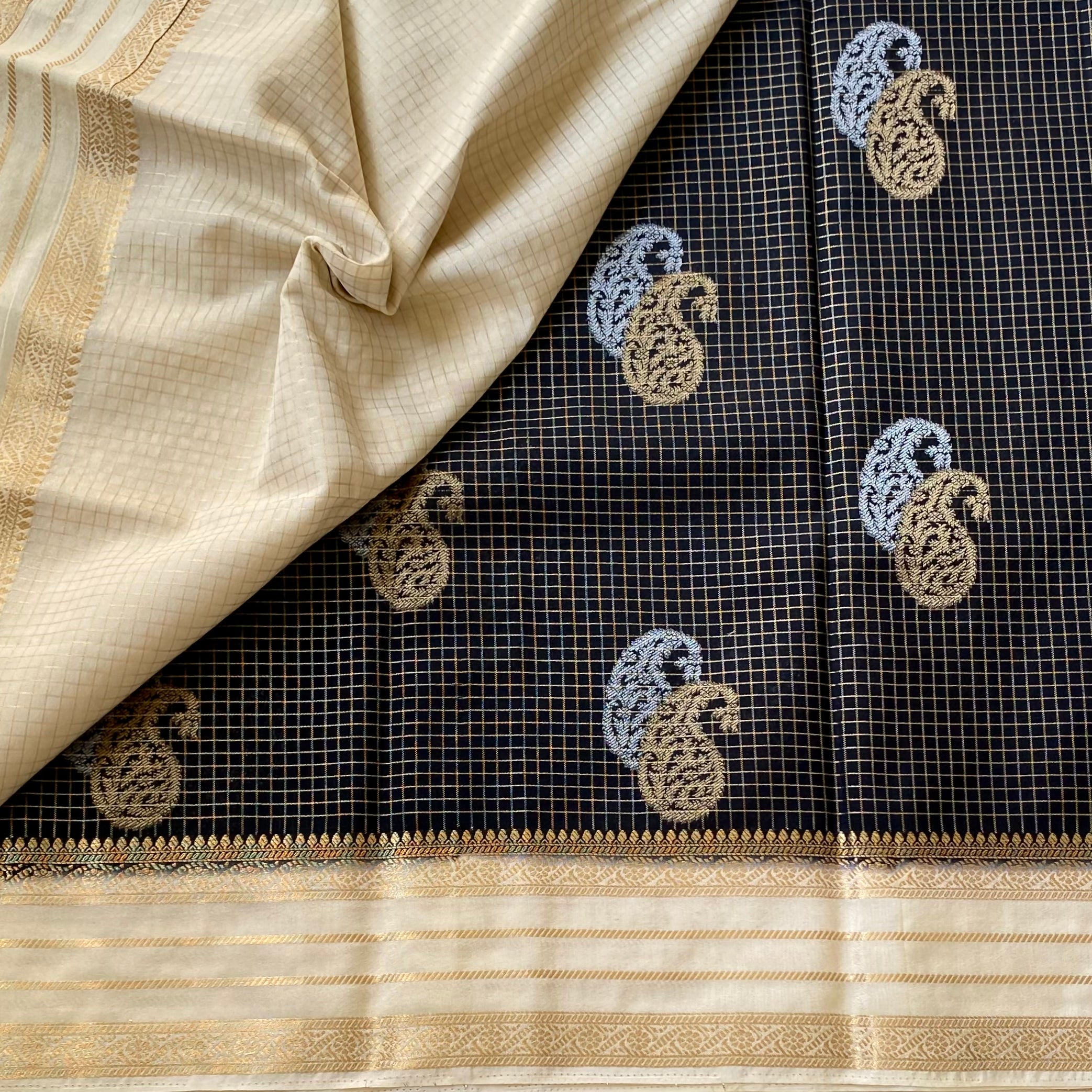 Elegant Black Gold Paisley Brocade Saree with Champagne Gold Pallu