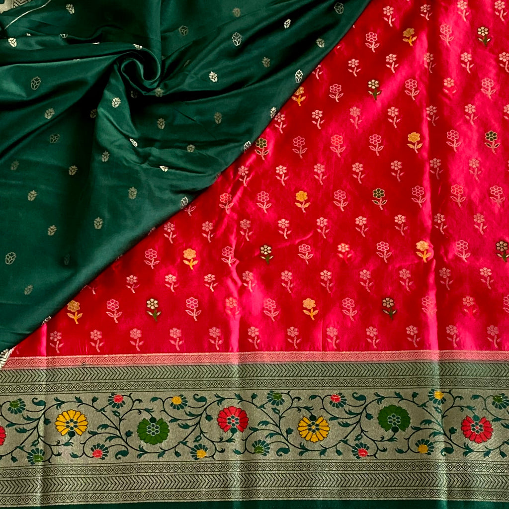 Magenta Silk Banarasi Saree With Emerald Green Brocade Paisley Border