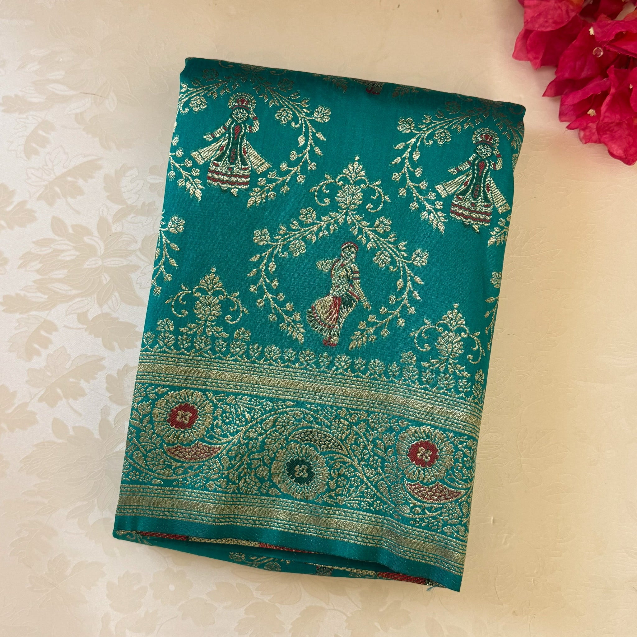 Emerald Teal Banarasi Silk Saree Gold Zari Dancer Motifs Rich