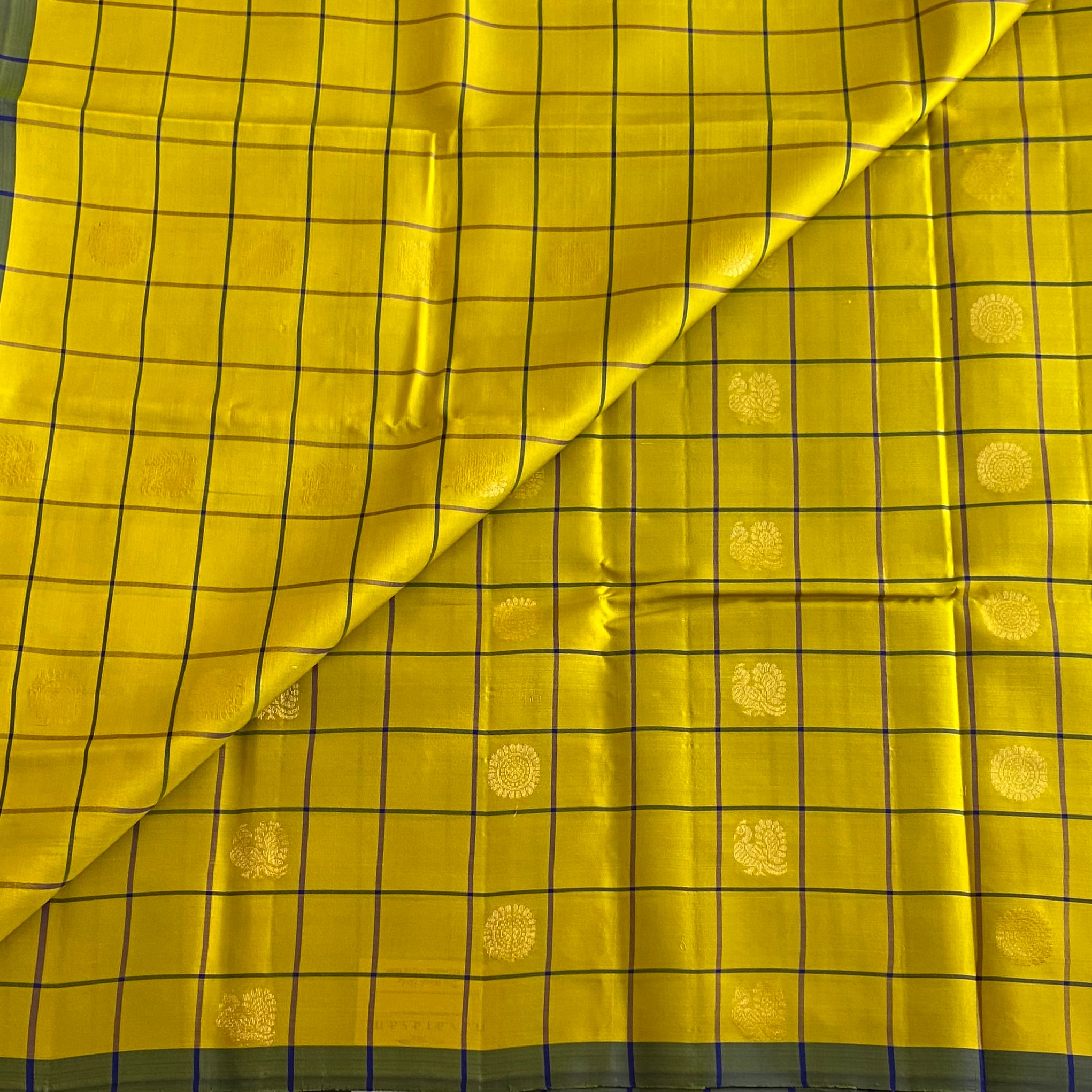 Mustard Green Designer Pure Silk Saree Navy Blue Pallu Gold Zari