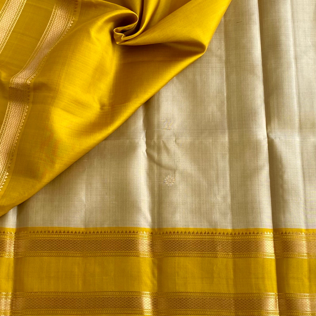 Beige Designer Pure Silk Saree With Classic Yellow Pallu