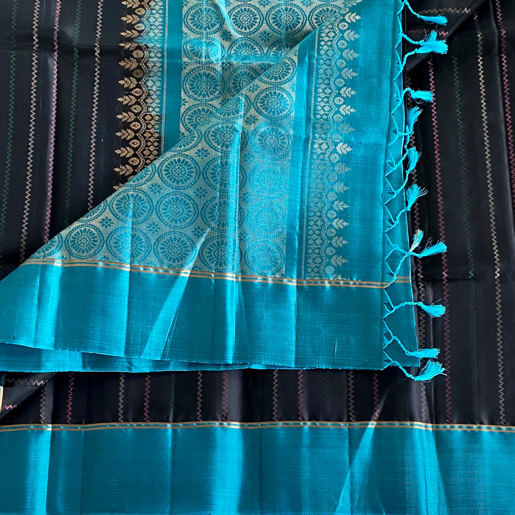 Jet Black Designer Pure Silk Saree With Teal Pallu And Gold Zari