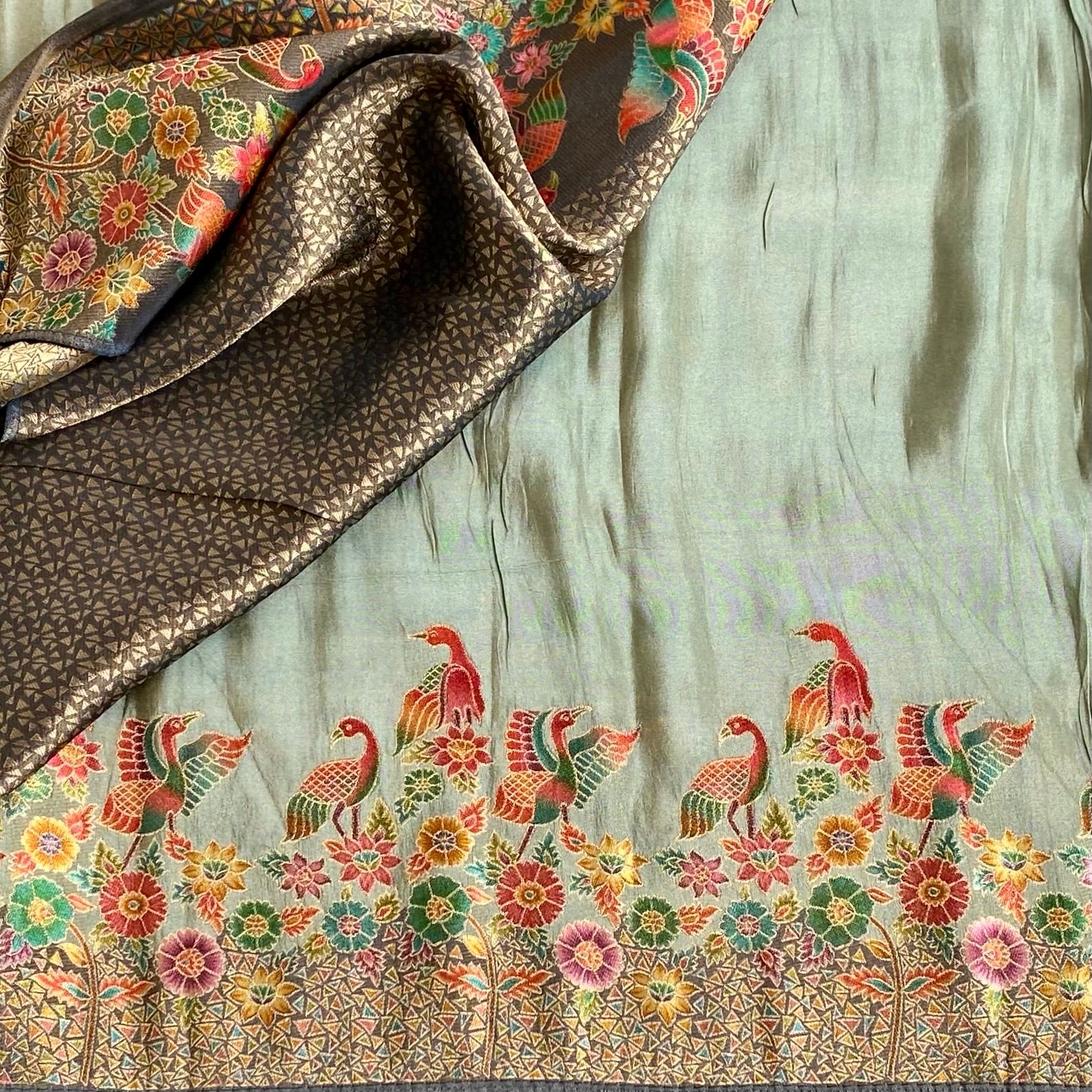 Sage Green Soft Premium Tissue Silk With Coral Red Meenakari Weave