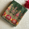 Metallic Sage Green Soft Crepe Silk Saree With Magenta Floral Pallu