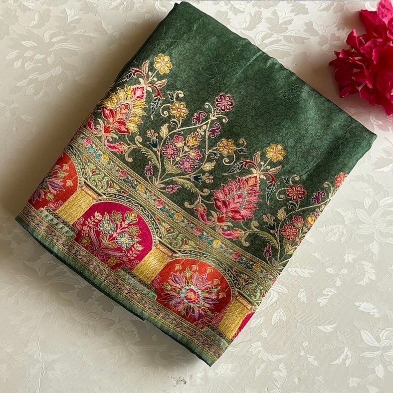 Metallic Sage Green Soft Crepe Silk Saree With Magenta Floral Pallu