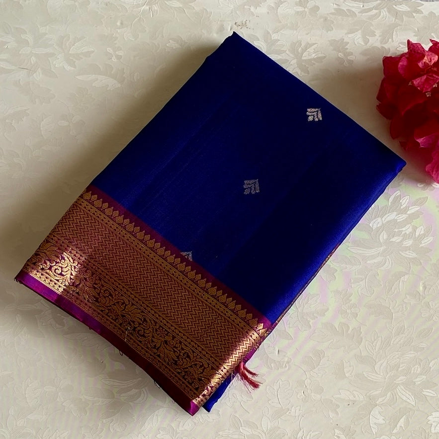 Royal Blue Designer Pure Silk Saree With Rani Pink Pallu