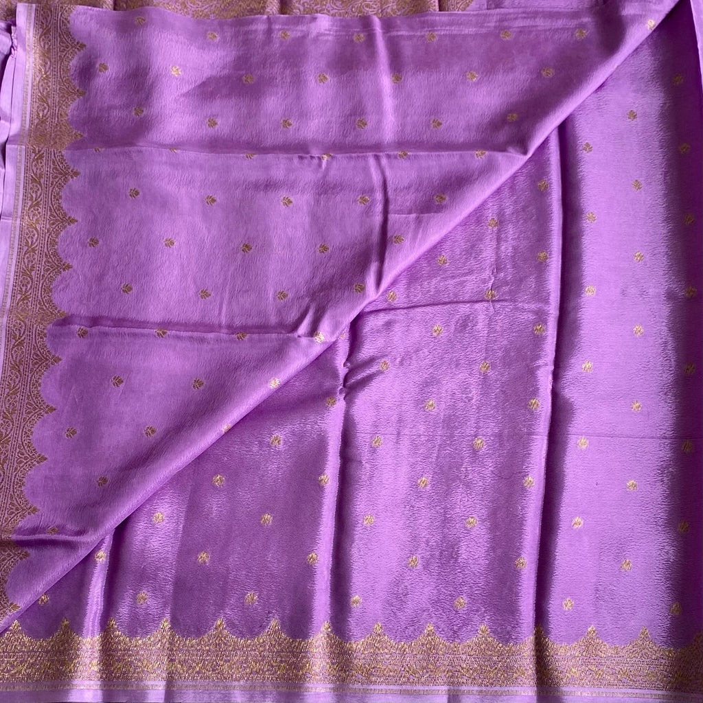 Lavender Purple Banarasi Crepe Silk Saree With Antique Gold Brocade