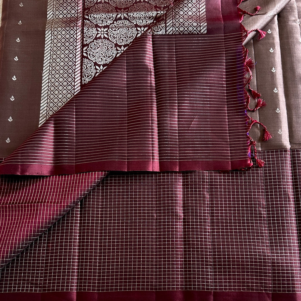 Metallic Grey with Deep wine brown designer pure silk with checkered borders