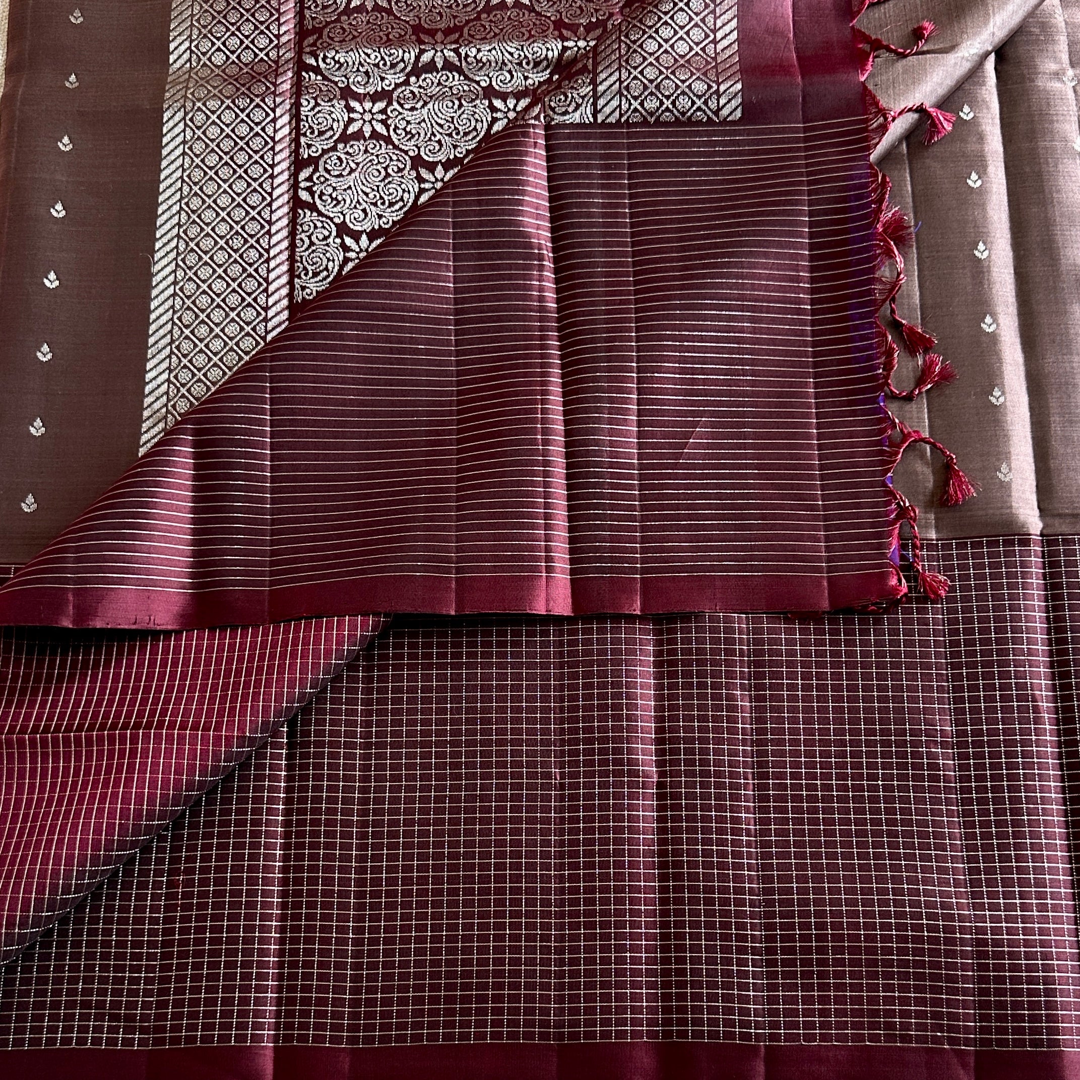 Metallic Grey with Deep wine brown designer pure silk with checkered borders