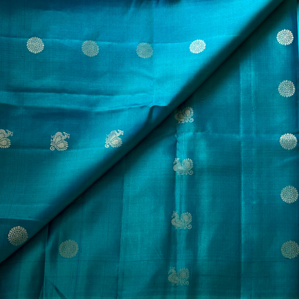 Teal Blue Designer Pure Silk Saree With Antique Gold Jacquard