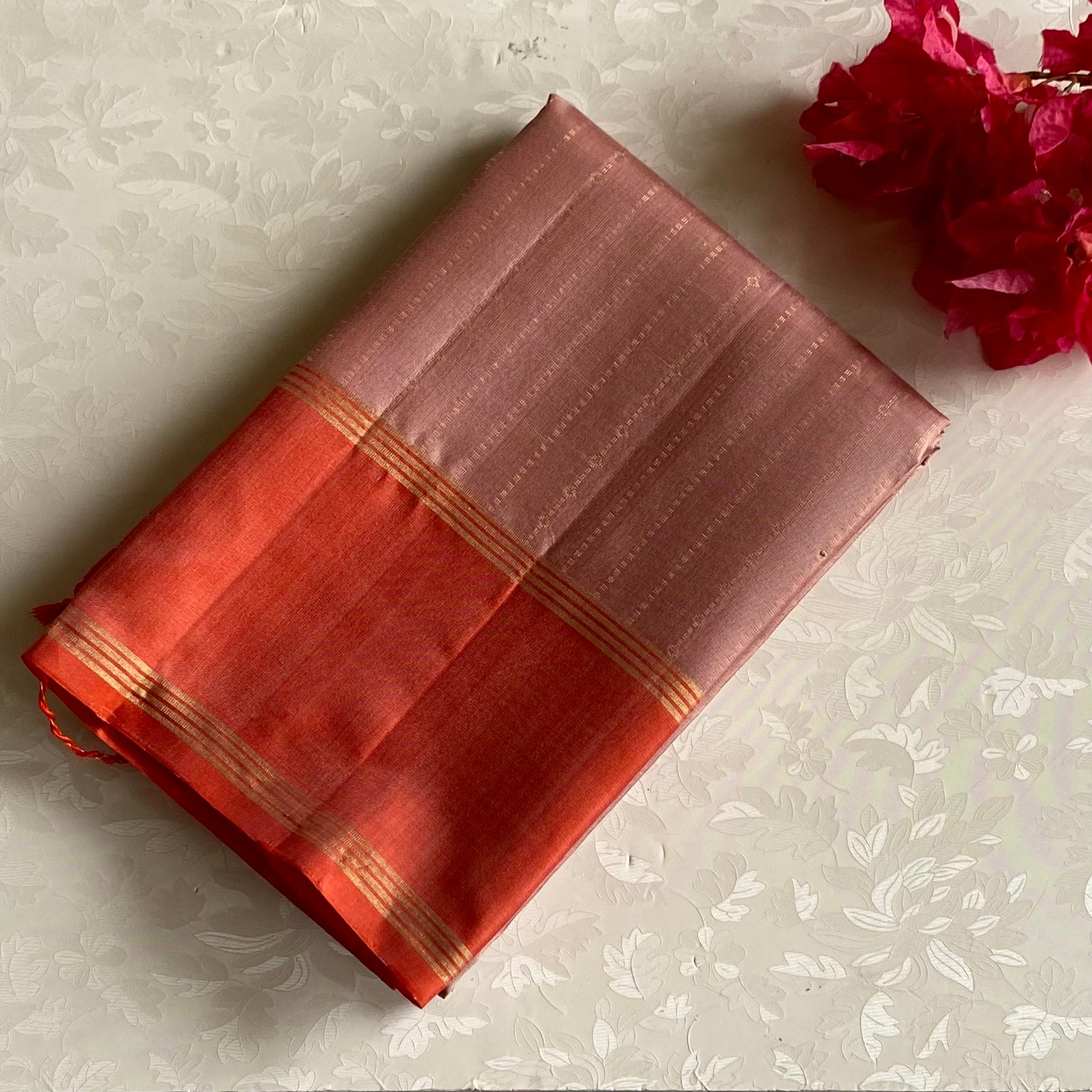 Dusty Rose Designer Pure Silk Saree With Coral Orange Pallu