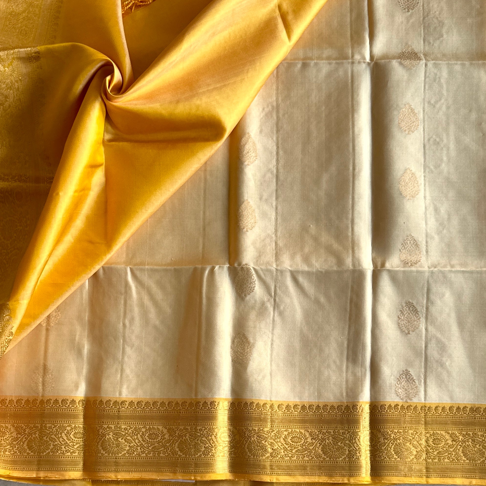 Ivory Marigold Silk Saree Gold Zari Floral Woven Border Traditional